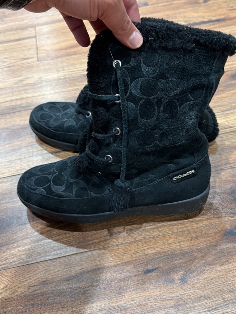 Coach Black Signature Suede Lace-Up Shearling Winter Boots